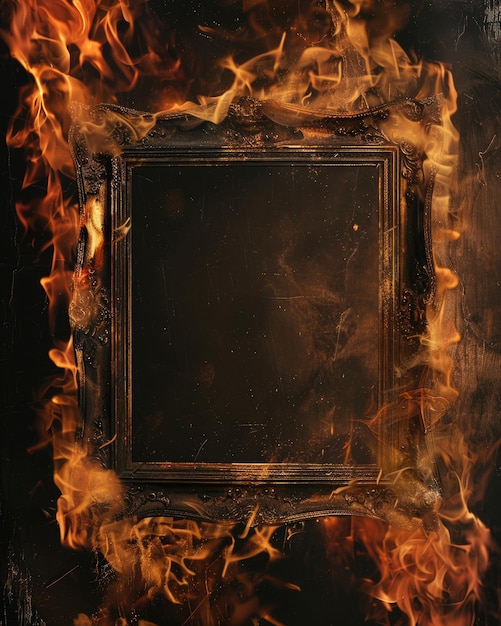 Burned Photo Abstract Background with Antique Photo Frame Consumed by Flames