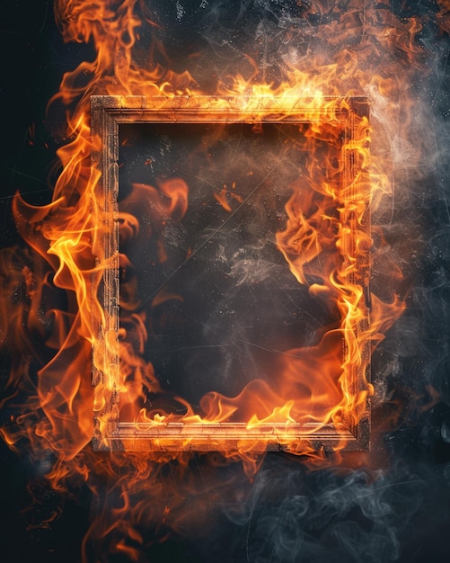 Burned Photo Frame Abstract Background of Ancient Blank Photo Consumed by Fire