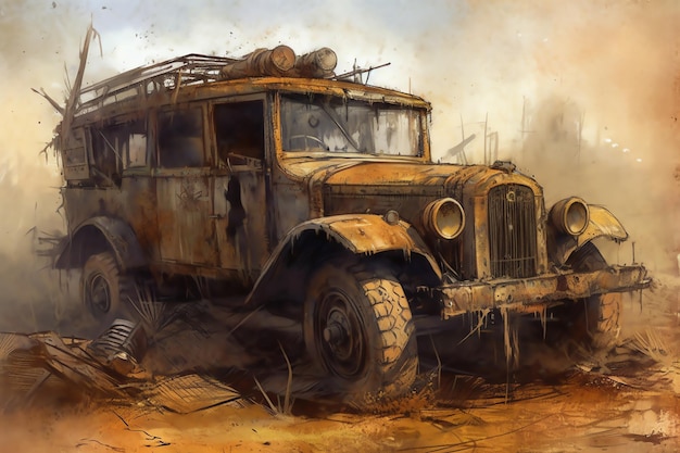 A burnedout vehicle once used for transportation