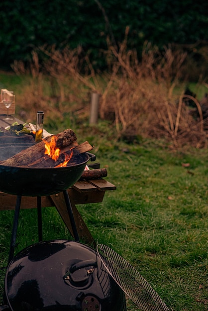 Burning barbecue in the yard for grilling vegetables