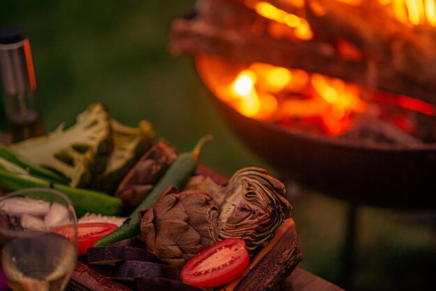 Burning barbecue in the yard for grilling vegetables