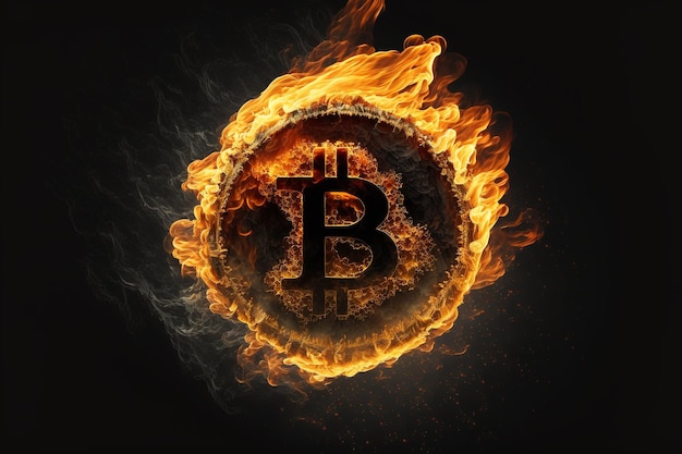 Burning Bitcoin crypto currency symbol on black background Concept of digital currency and risk