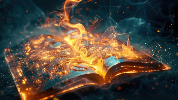 Burning Book with Glowing Pages and Smoke A Symbol of Lost Knowledge Forbidden Magic or Censorship