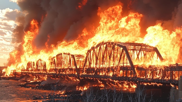 Photo burning bridge fiery inferno dramatic fire steel structure smoke and flames