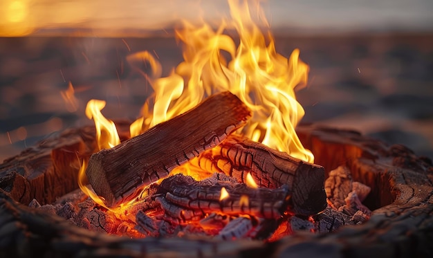 Burning campfire bonfire detailed wallpaper with wood and fire on plain color background Generate AI