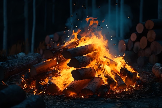 Burning campfire on a dark night in a forest Beautiful landscape of nature and trees Campfire at touristic camp at nature in mountains Flame and fire sparks on dark abstract background