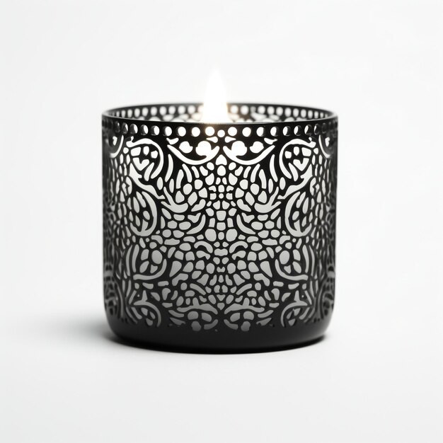 Burning candle in a black candlestick on a white background