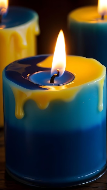 Burning candle in blue and yellow tones captured in closeup