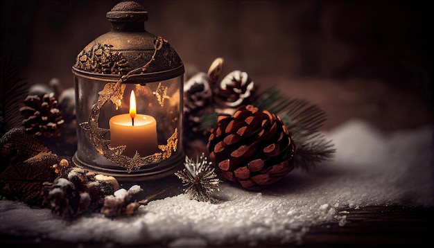 Burning candle and Christmas decoration over snow and wooden background with festive mood