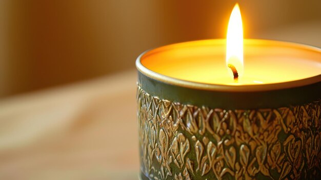 Burning Candle in Decorative Green Holder with Gold Details