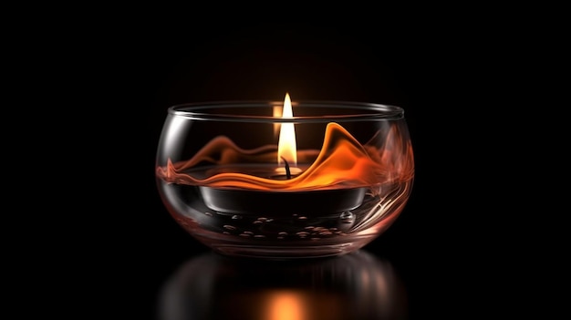 Burning candle in a glass on a black background with reflectiongenerative ai