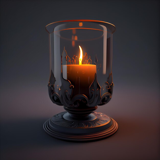 Burning candle in glass candlestick on dark background illustration