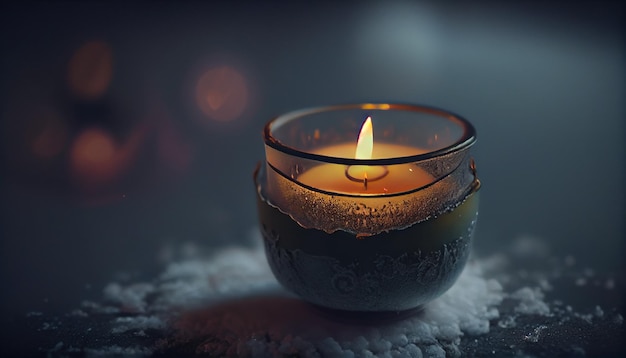 Burning candle in a glass candlestick on a dark backgroundgenerative ai