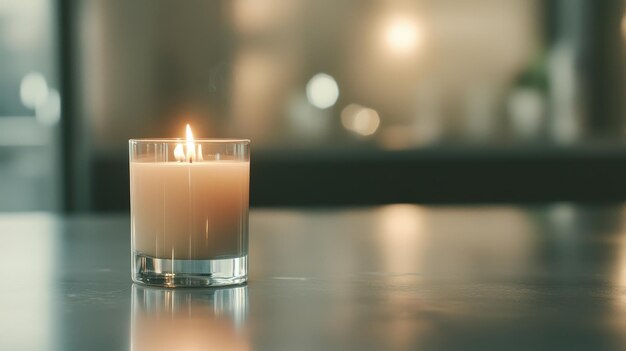 Burning Candle in Glass Jar on Tabletop