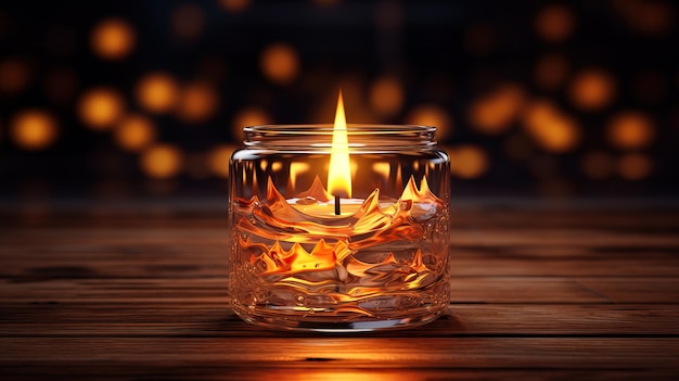 Burning candle inside the glass jar on wooden table