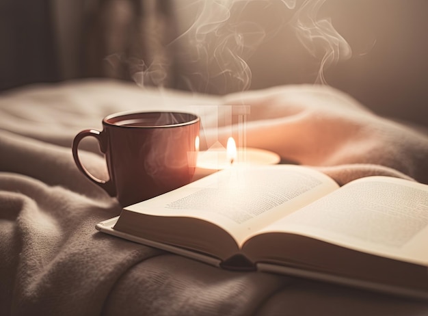 Burning candle with aroma sticks in bottle on tray with open book in bed over glowing Christmas lights close up Cozy atmosphere at home Good morning Selective focus