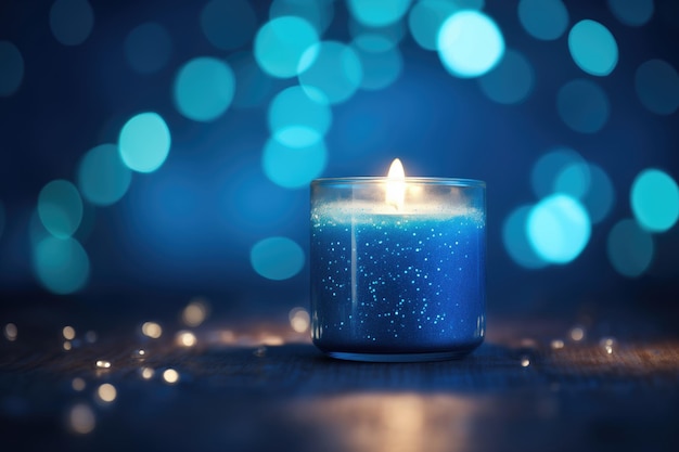 Burning candle on a wooden table Blue bokeh background