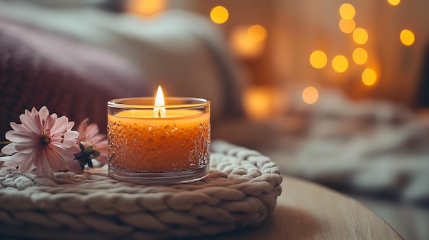 A burning candle on a woven coaster with flowers in the foreground