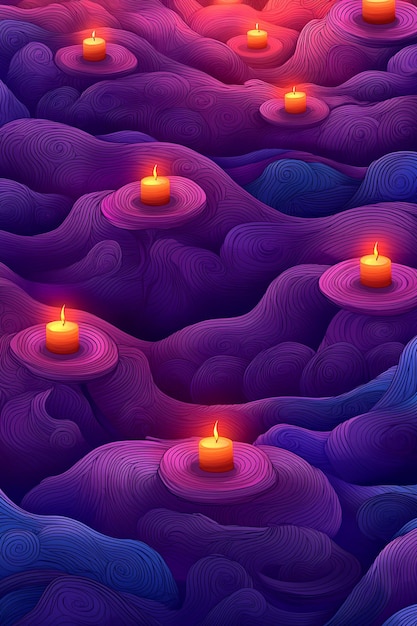 Photo burning candles on abstract purple and blue wavy background