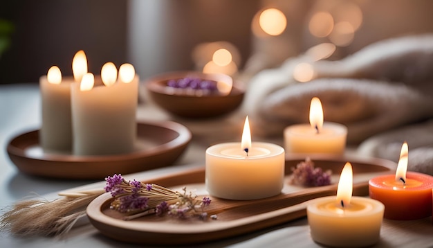 Burning candles and aromatic reed freshener on table in spa salon