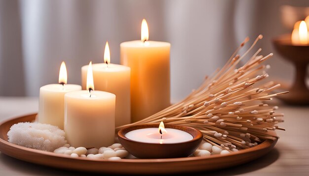 Burning candles and aromatic reed freshener on table in spa salon