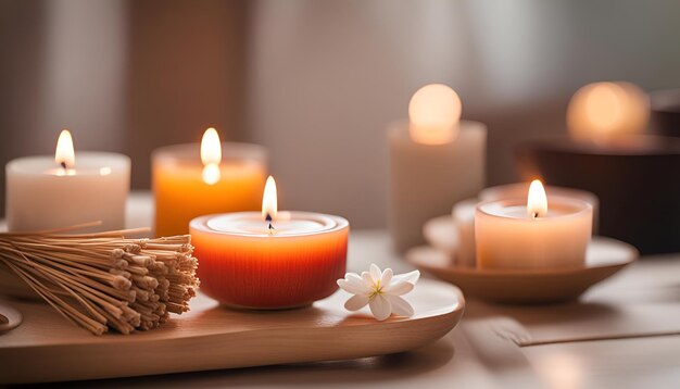 Burning candles and aromatic reed freshener on table in spa salon