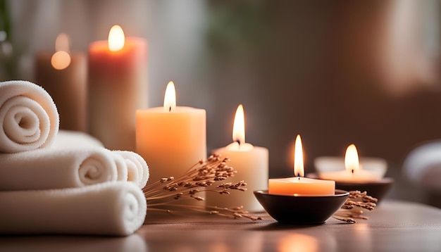 Burning candles and aromatic reed freshener on table in spa salon