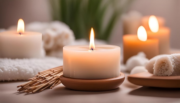 Burning candles and aromatic reed freshener on table in spa salon