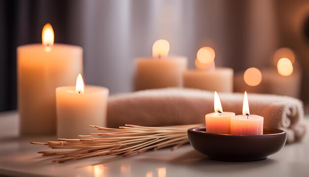 Burning candles and aromatic reed freshener on table in spa salon