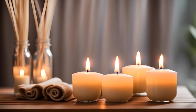 Burning candles and aromatic reed freshener on table in spa salon