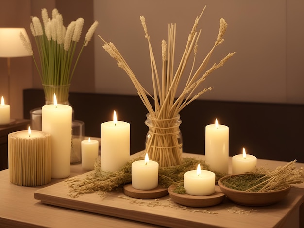 Burning candles and aromatic reed freshener on table in spa salon