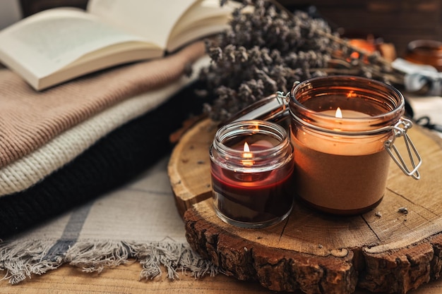 Burning candles book and lavender aesthetic autumn photo