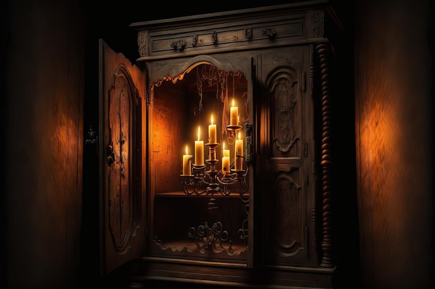 Burning candles inside old wooden cupboard in spooky dark castle room created with generative ai