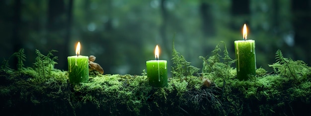 Burning candles on moss dark green blurred the natural background Magic candle Generative AI