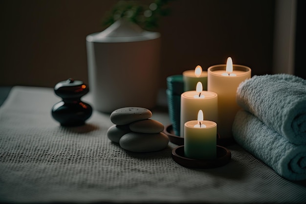 Burning candles and scented reed freshener on the spa Illustration AI Generative