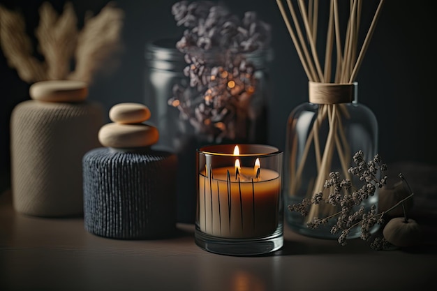 Burning candles and scented reed freshener on the spa Illustration AI Generative