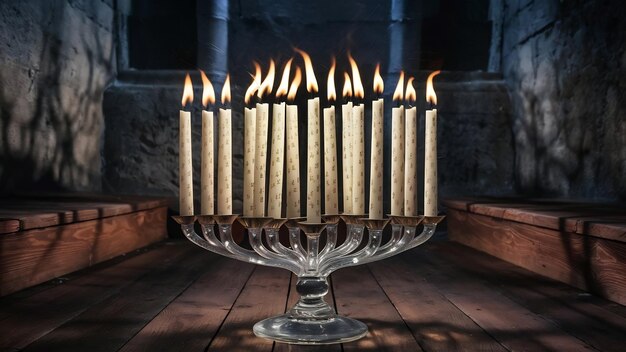 Burning candles in the transparent glass candlestick on the floor