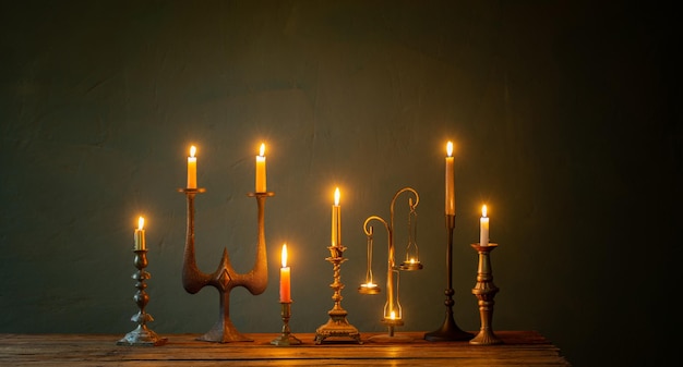 Burning candles in vintage candlesticks on dark background