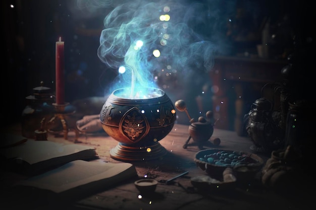 Burning candles on witch table with smoked background AI Generated