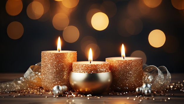 Burning candles on wooden table against blurred festive lights closeup