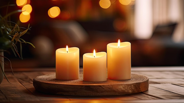 Burning Candles on Wooden Table