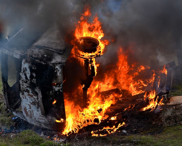 Burning car closeup