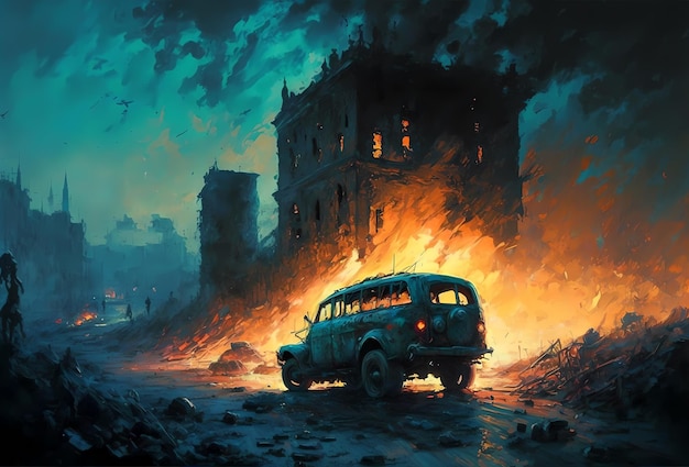 Burning car in destroyed city after war Concept of collapse death catastrophe