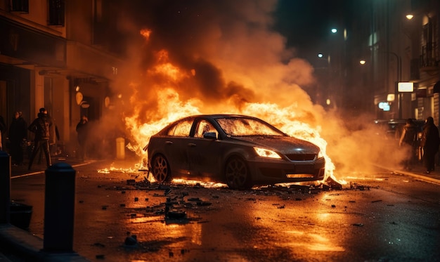 Burning car emitting thick smoke on a street Fiery disaster vehicle engulfed in flames AI generative