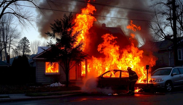 Burning car engulfed in flames on snowy street near houses