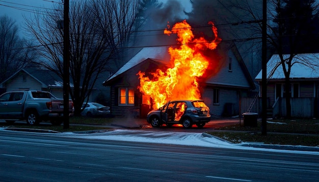 Burning car engulfed in flames on snowy street near houses