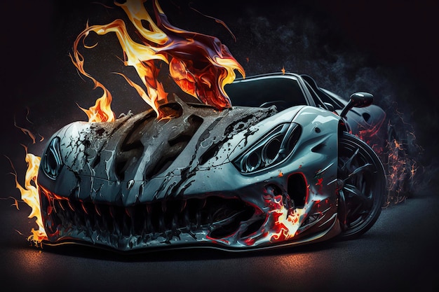 A burning car with a burning fire on the front.