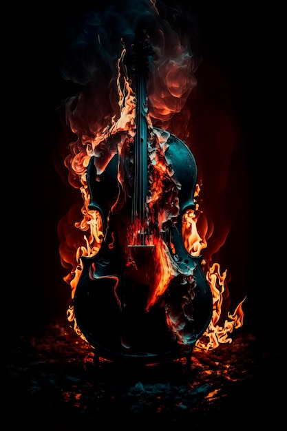 Burning cello music instrument fantasy background Generative AI