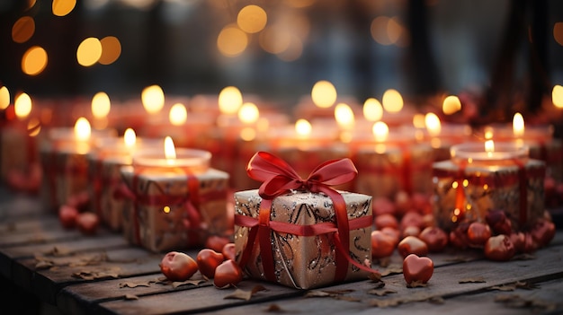 Burning Christmas candles and gifts with red bows are blurred