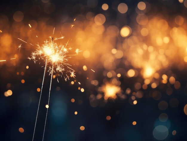 Burning Christmas sparkler lights on dark bokeh background